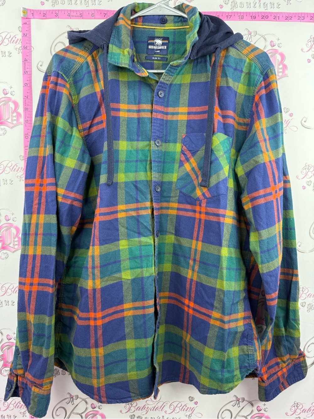 Urban Ranger top Men’s Plaid Button-Down Shirt with Hood - Blue & Green